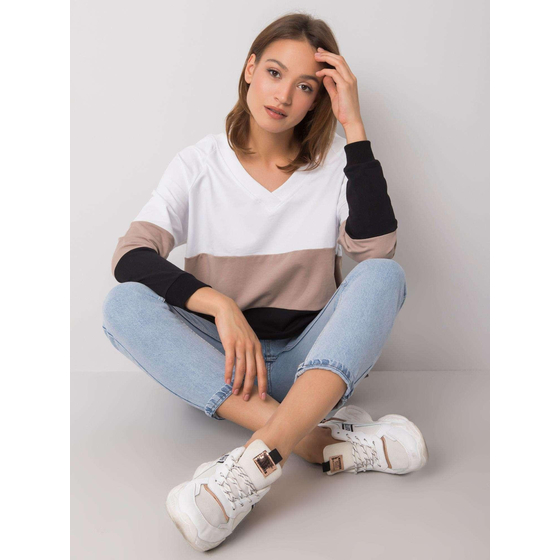 RUE PARIS Černo-béžová mikina s výstřihem do V