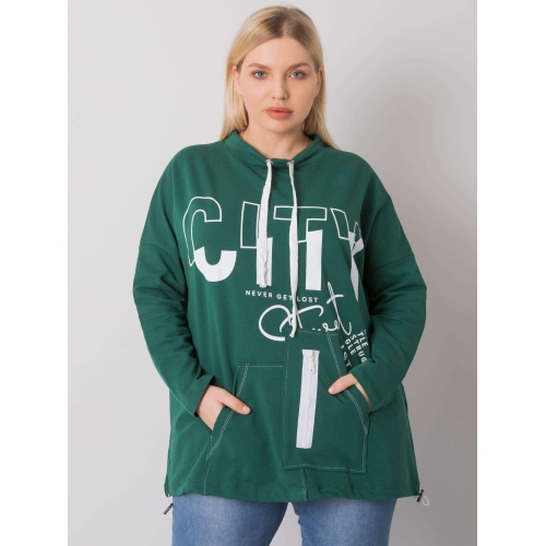 Tmavě zelená mikina větší velikosti s tištěným designem a kapsami