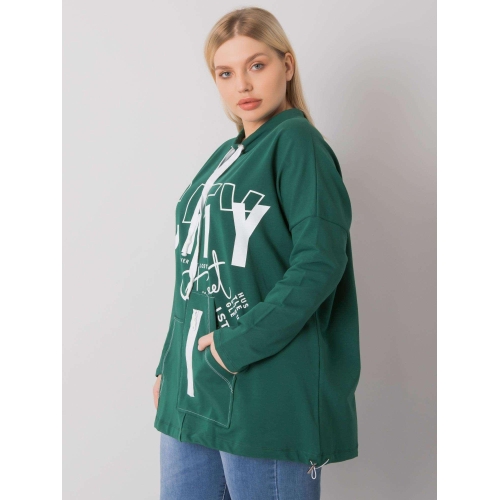 Tmavě zelená mikina větší velikosti s tištěným designem a kapsami