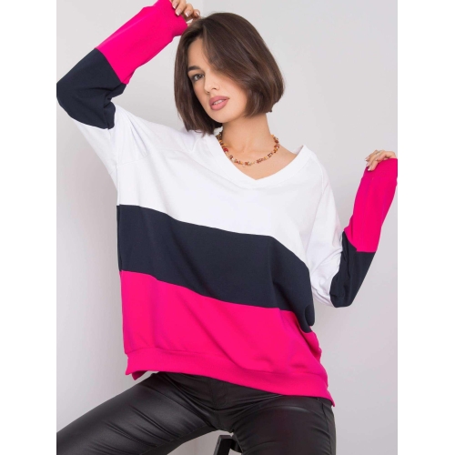 RUE PARIS Bílá a fuchsiová mikina s výstřihem do V